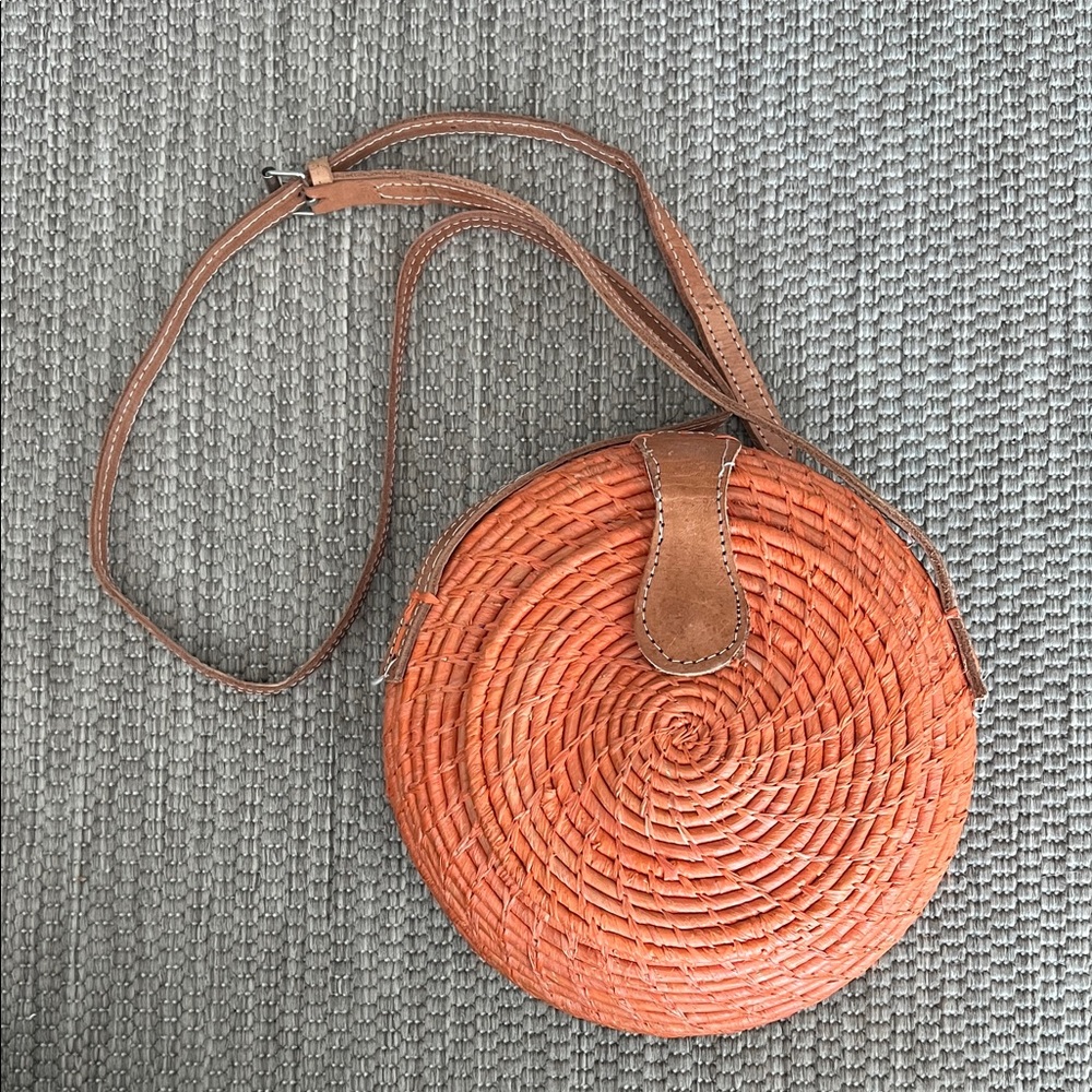 Round Rattan and Leather Orange and Tan Crossbody Bag